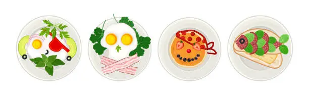 Vector illustration of Breakfast Pirate Food for Children and Meal Plating Idea Vector Set