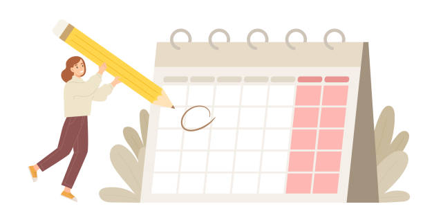 ilustraciones, imágenes clip art, dibujos animados e iconos de stock de mujer joven sosteniendo un lápiz grande y un círculo de escritura en un calendario enorme para planificar una fecha importante. - calendario
