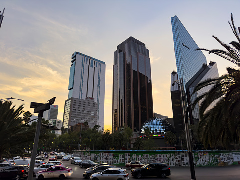 Mexico City, Mexico, April 2nd, 2024. Mexican stock exchange and other office buildings at the city’s financial district before sunset.