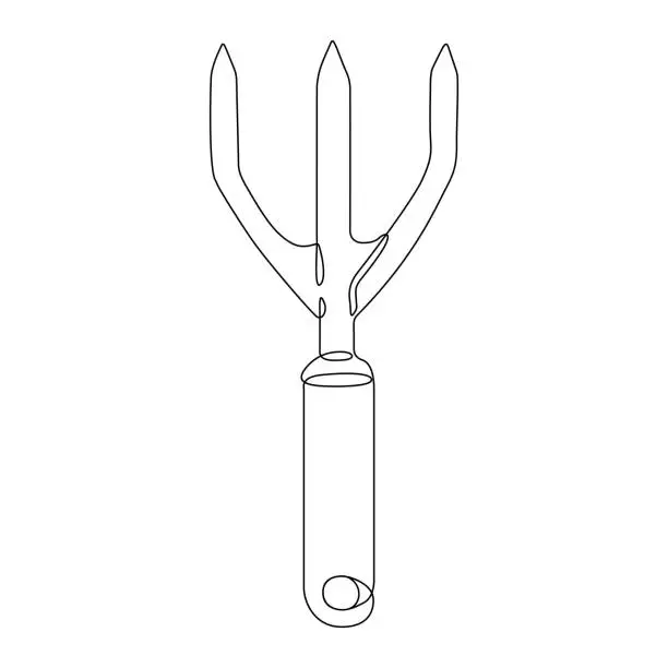 Vector illustration of Gardening Fork or Hand Rake Single Line Drawing with Editable Stroke