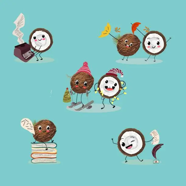 Vector illustration of Cute coconut fruit characters set, collection. Flat vector illustration. Activities, playing musical instruments, sports, funny fruits.