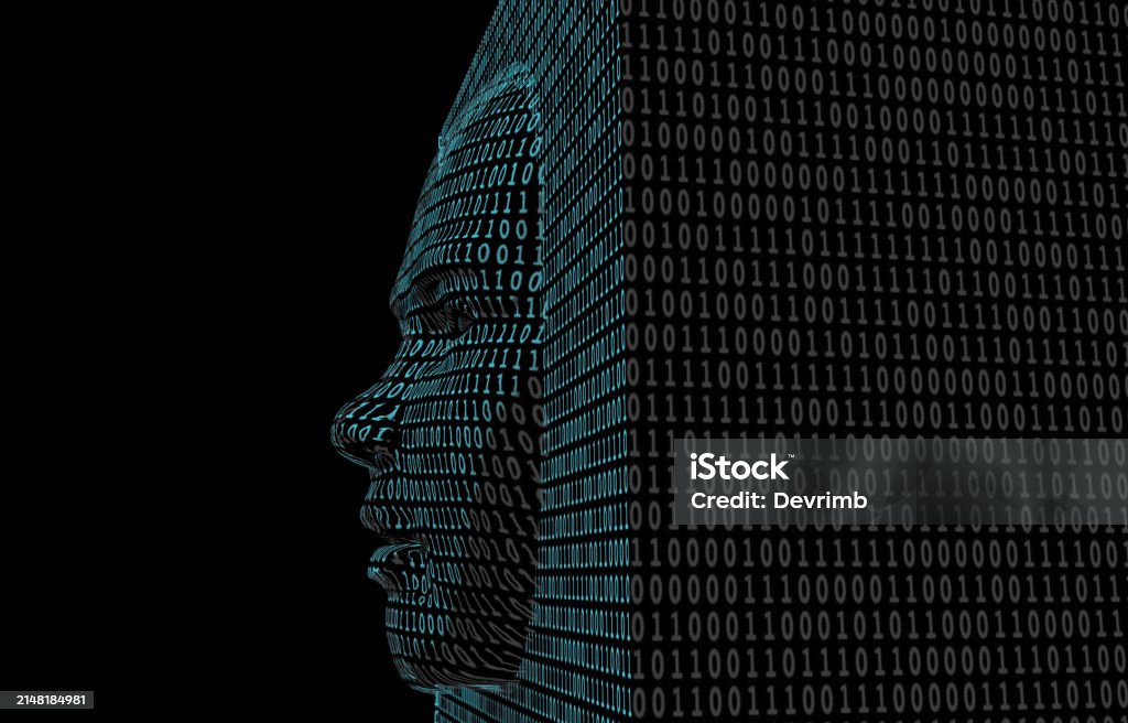 Binary Code Face Of Artificial Intelligence Rising In Space Stock Photo ...