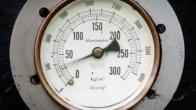 Front Angle View of An Old Pressure Gauge. Close Up. 4K Resolution.