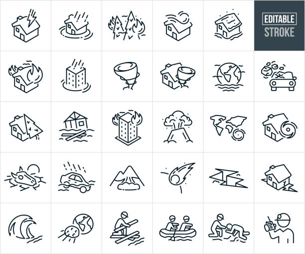 illustrations, cliparts, dessins animés et icônes de icônes de lignes fines de catastrophes - trait modifiable - catastrophe naturelle