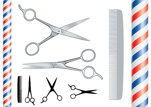 Barber scissors, comb and pole icon vector illustrations