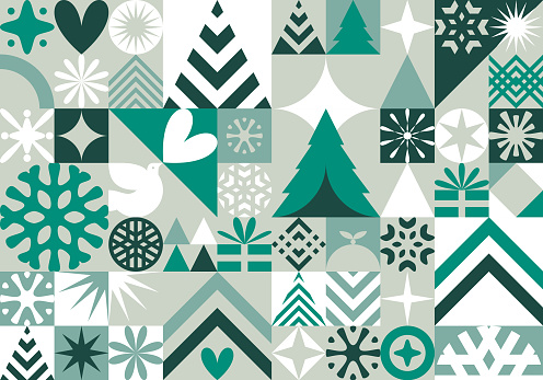 Seamless grey, white and green retro Bauhaus Christmas design background vector pattern illustration for use on Christmas cards and wrapping paper designs.