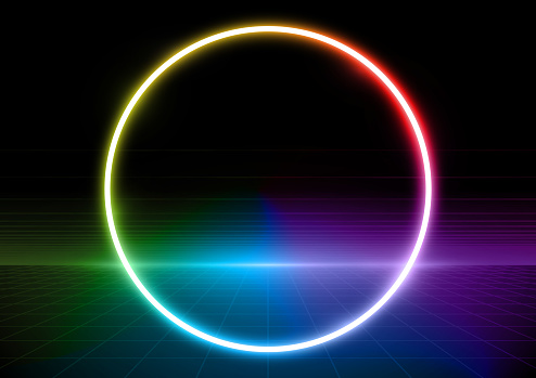 Bright neon red, yellow, green, pink, purple and blue colored bright vaporwave synthwave style neon vector circle frame design background illustration