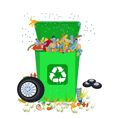 Pile of waste in dustbin. Ecology and environment concept. Rubbish that smells ugly and started to decompose. Stock vector illustration