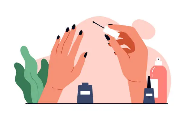 Vector illustration of Female hands applying nail polish concept. Woman hands with a manicure. Nail care, beauty treatment aesthetic. Vector illustration in cartoon style. Isolated white background