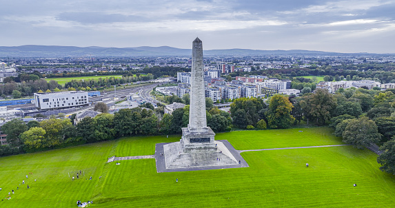 Wellington Monument, Wellington Monument in Phoenix Park in Dublin Ireland, Ireland famous tourist destination, landscaped park in Europe, famous city parks in Europe\n\nThe Wellington Monument or sometimes the Wellington Testimonial, is an obelisk located in the Phoenix Park, Dublin, Ireland.\nThe testimonial is situated at the southeast end of the Park, overlooking Kilmainham and the River Liffey. The structure is 62 metres (203 ft) tall, making it the largest obelisk in Europe.