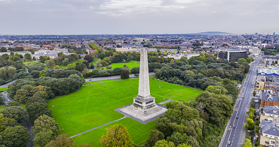 Wellington Monument, Wellington Monument in Phoenix Park in Dublin Ireland, Ireland famous tourist destination, landscaped park in Europe, famous city parks in Europe\n\nThe Wellington Monument or sometimes the Wellington Testimonial, is an obelisk located in the Phoenix Park, Dublin, Ireland.\nThe testimonial is situated at the southeast end of the Park, overlooking Kilmainham and the River Liffey. The structure is 62 metres (203 ft) tall, making it the largest obelisk in Europe.