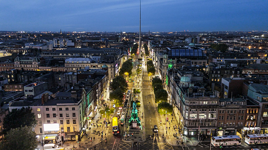 Aerial view of the O'connell monument on O'connell street at night, Aerial view of Dublin city at night

Known as the 'Liberator', Daniel O'Connell was born in Carhan, Caherciveen in 1775. After securing the passage of the Catholic Emancipation Act in 1829, he was elected Lord Mayor of Dublin. There are numerous memorials to him around Dublin City.
Known as 
