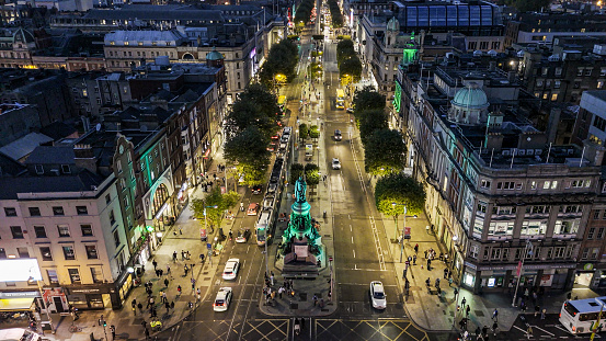 Aerial view of the O'connell monument on O'connell street at night, Aerial view of Dublin city at night

Known as the 'Liberator', Daniel O'Connell was born in Carhan, Caherciveen in 1775. After securing the passage of the Catholic Emancipation Act in 1829, he was elected Lord Mayor of Dublin. There are numerous memorials to him around Dublin City.
Known as 