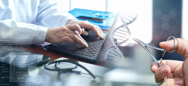 Concepts Modern Study Research DNA Molecules. Double exposure of a medical worker working alone with a laptop and a researcher with DNA molecules