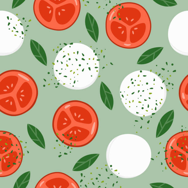 illustrazioni stock, clip art, cartoni animati e icone di tendenza di insalata caprese con mozzarella e pomodoro senza cuciture. insalata caprese con mozzarella, pomodoro e foglia di basilico sfondo vettoriale. classica insalata italiana. cibo mediterraneo vegetariano sano - mozzarella