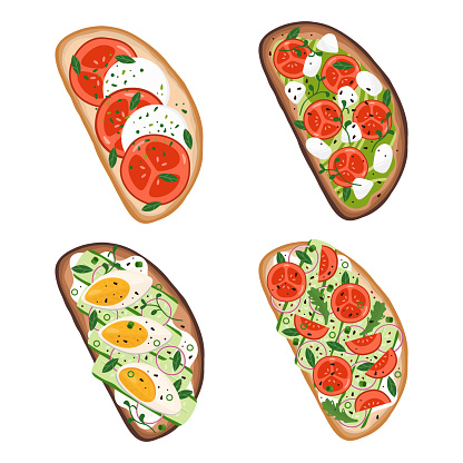 Sandwiches set top view. Various product combinations on bread slices, eggs, cucumbers, tomatoes, mozzarella, onion and different toppings toasts. Breakfast snack, healthy food. Vector illustration.