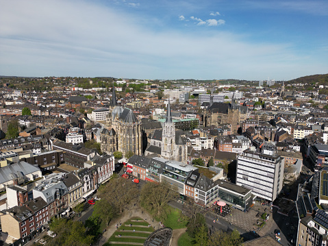 Aerial view of the old town of Aachen with the Aachener Dom in Germany