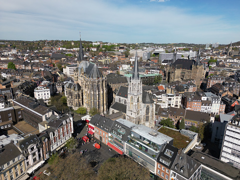 Aerial view of the old town of Aachen with the Aachener Dom in Germany