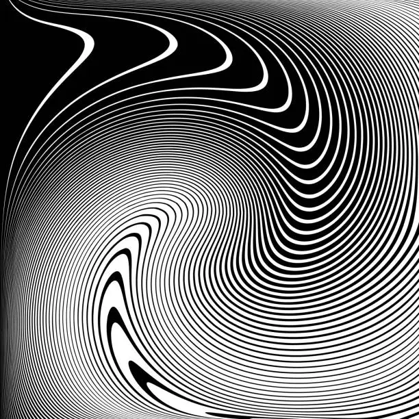 Vector illustration of Vortex Whirl Movement Halftone Op Art Design. Abstract Textured Black and White Background.