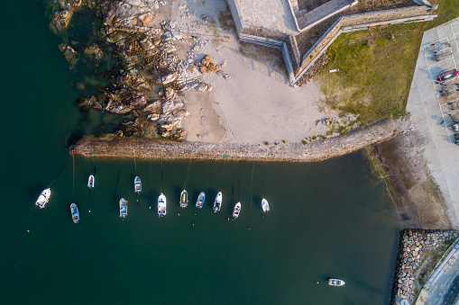 drone aerial top view of Vila Praia de Ancora fishing port. Viana do Castelo, North of Portugal
