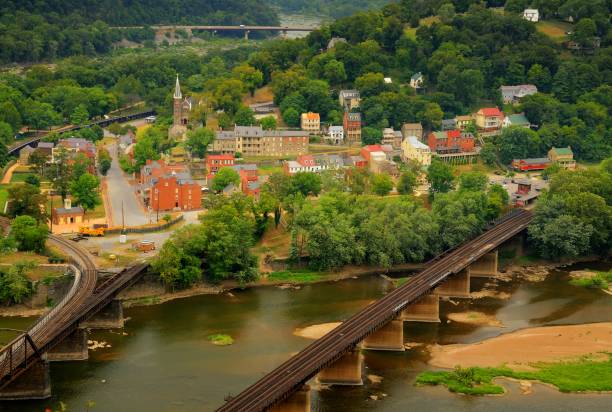 Harpers Ferry in West Virginia as seen from Maryland Heights looking at John Brown’s Fort and tourist center