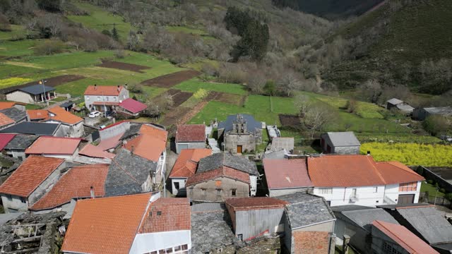 Aerial View of Rural Galician Church and Town, vilar de barrio, ourense, spain
