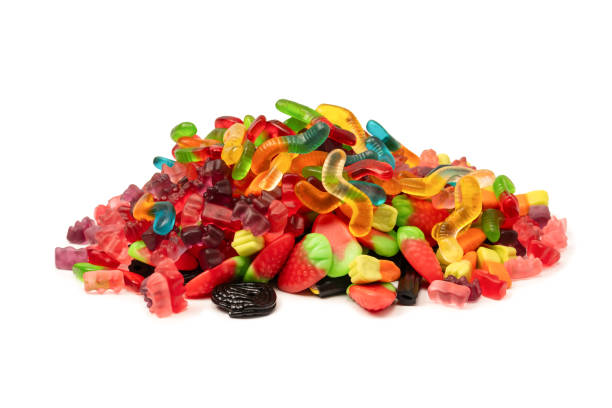 istock Assorted colorful gummy candies isolated on a white background. Top view. 2148193203