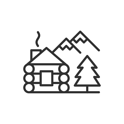 Mountain Vacation, linear icon. Home in the woods and mountains. Line with editable stroke