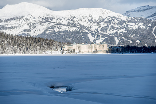 Chateau Lake Louise in Canadian Rocky mountains in winter, Alberta, Canada