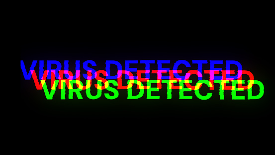 Virus detected text with screen effects of technological failures. Spectacular screen glitch with various kinds of interference