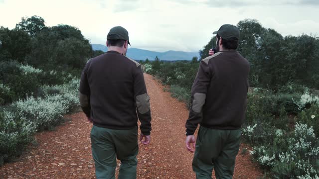 Team of Park Rangers with uniform using Walkie Talkie radio to monitor wildlife in the nature reserve