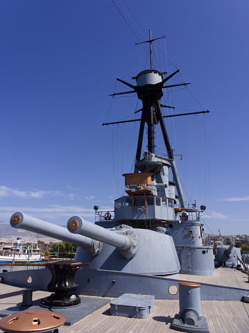 Athens, Greece - March 31, 2023: Georgios Averof battleship and museum outside view in a sunny day. Docked in Flisvos Marina.