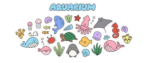 Vector illustration of Aquarium set of kid cute doodle icons. Hand drawn sea elements of shark, whale, turtle, fish, seashell, medusa, starfish, octopus. Childish simple characters for patterns, banners, backgrounds.