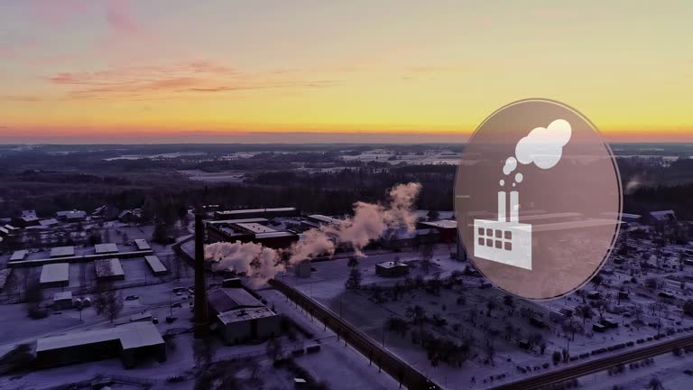 Factory Icon Graphics. Chimney Stacks Of Industrial Area Landscape. Aerial Shot