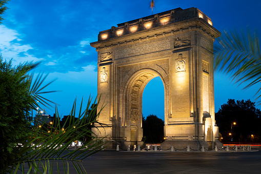 Arch of Triumph landmark in Bucharest, night view, summer time