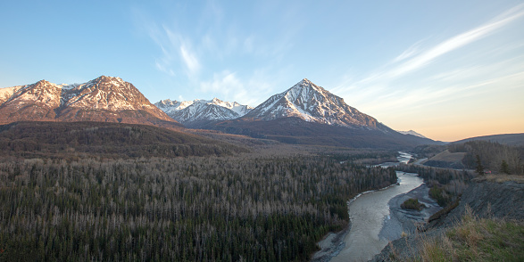 Matanuska Glacier River flowing  past Chugach Mountains near Palmer Alaska United States