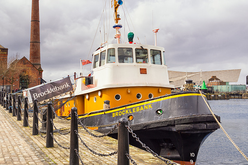 05.04.24 Liverpool, Merseyside, UK  Brockebank Tug boat lies moored up in Canning Dock, Liverpool.