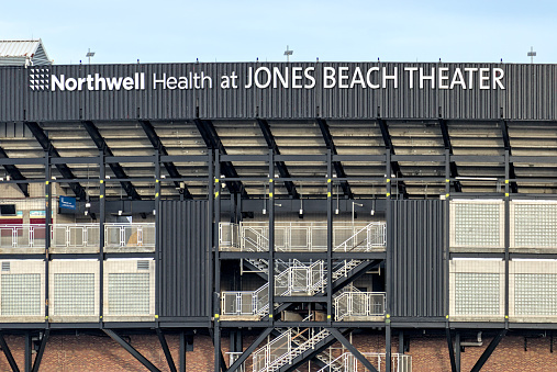 Wantagh, NY - Apr 9, 2024: Jones Beach Theater structure exterior, a large venue in the Robert Moses designed park on Long Island, New York.