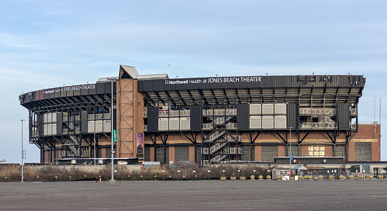 Wantagh, NY - Apr 9, 2024: Jones Beach Theater structure exterior, a large venue in the Robert Moses designed park on Long Island, New York.