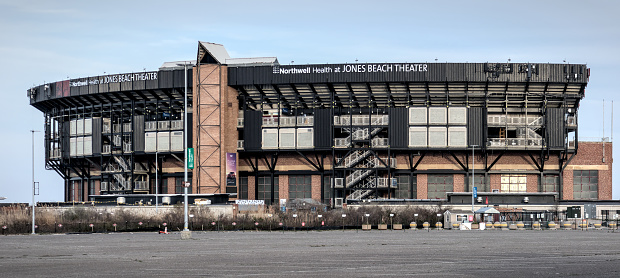 Wantagh, NY - Apr 9, 2024: Jones Beach Theater structure exterior, a large venue in the Robert Moses designed park on Long Island, New York.