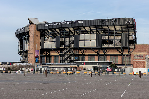 Wantagh, NY - Apr 9, 2024: Jones Beach Theater structure exterior, a large venue in the Robert Moses designed park on Long Island, New York.