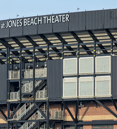Wantagh, NY - Apr 9, 2024: Jones Beach Theater structure exterior, a large venue in the Robert Moses designed park on Long Island, New York.