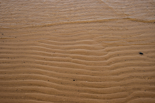 Seamless wet sand with sea water on a whole background. Empty wavy sandy sea bottom. Exotic Sandy Ocean beach surface. Top view. Simple, minimalistic photo. Ideal concept for banner, poster, ads.