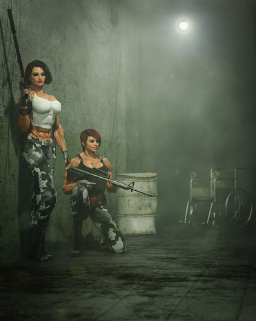 Digitally generated two fit women, equipped with weapons, stand ready in a misty old dark scary corridor under the glow of a single overhead light. Their expressions and stances suggest that they are cautiously anticipating a threat or preparing for an action. The environment around them is eerie, with a solitary wheelchair adding a sense of abandonment to the desolate asylum corridor.

The scene was created in Autodesk® 3ds Max 2024 with V-Ray 6 and rendered with photorealistic shaders and lighting in Chaos® Vantage with some post-production added.
