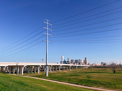 Electrical Power Lines Supply Energy to the South of Dallas, Texas, USA in the early Springtime on a Clear Day