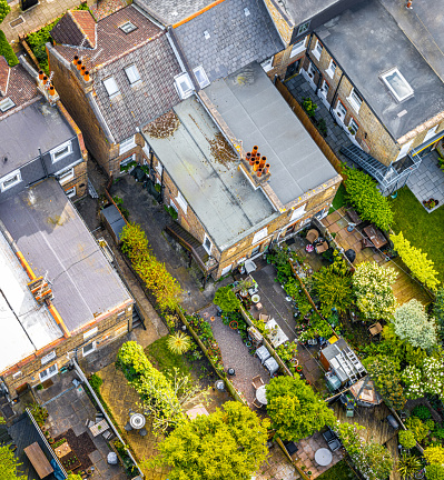 Aerial view of houses in Chiswick, a leafy London suburb with a village feel, UK