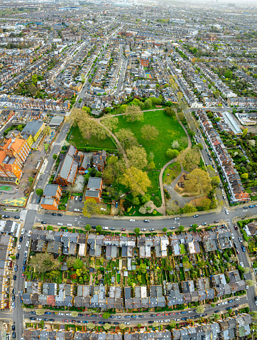 Aerial view of houses in Chiswick, a leafy London suburb with a village feel, UK