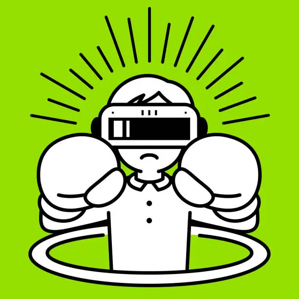 Vector illustration of A boy wearing a virtual reality headset or VR glasses pops out of a virtual hole and into the metaverse, in boxing gloves, ready to fight, looking at the viewer, minimalist style, black and white outline