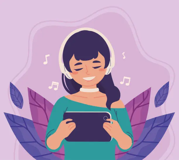 Vector illustration of woman listen music with cellphone