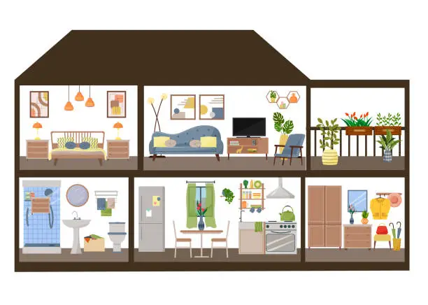 Vector illustration of Sectional view of a low-rise sectional cottage. Dollhouse interior concept. Furnished rooms.